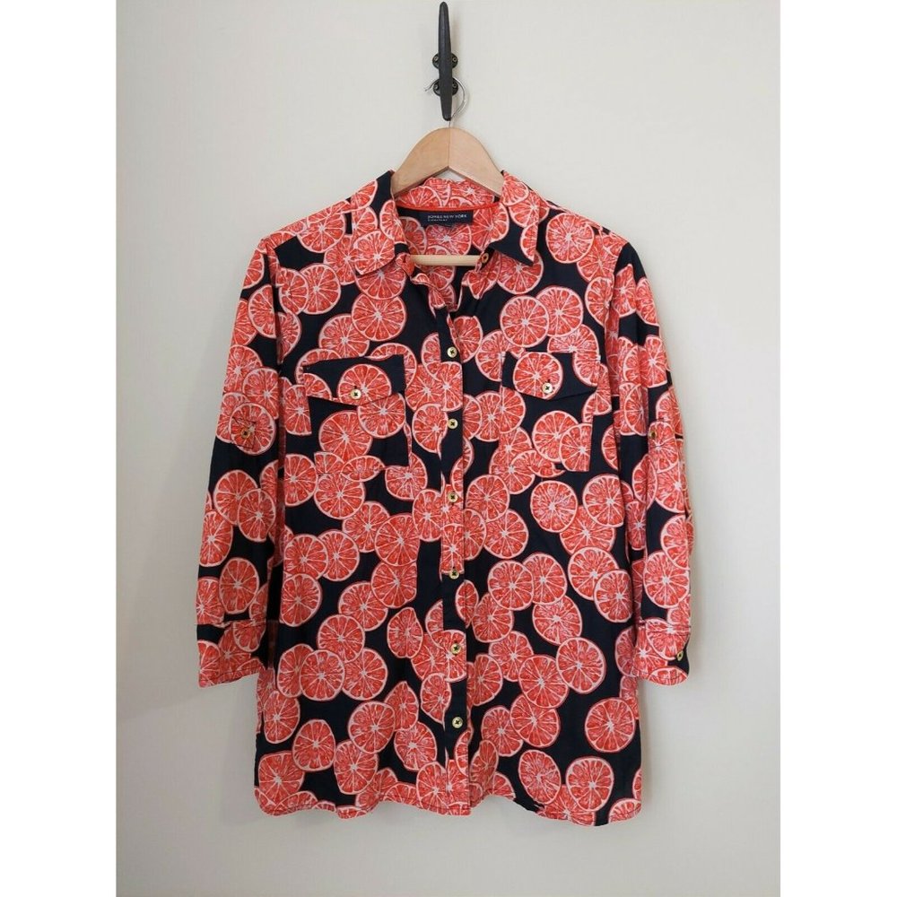 JONES NEW YORK Signature Shirt- Orange on Black Gold Buttons 3/4 Sleeves
